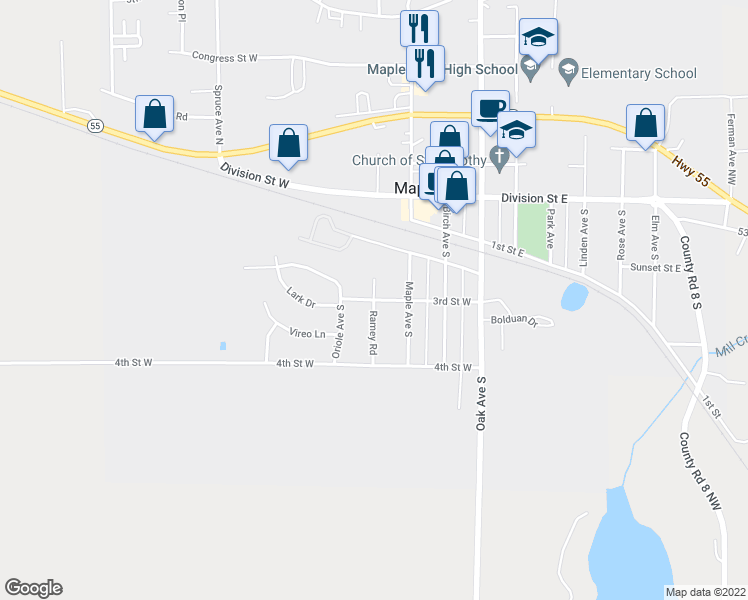 map of restaurants, bars, coffee shops, grocery stores, and more near 311 Ramey Road in Maple Lake