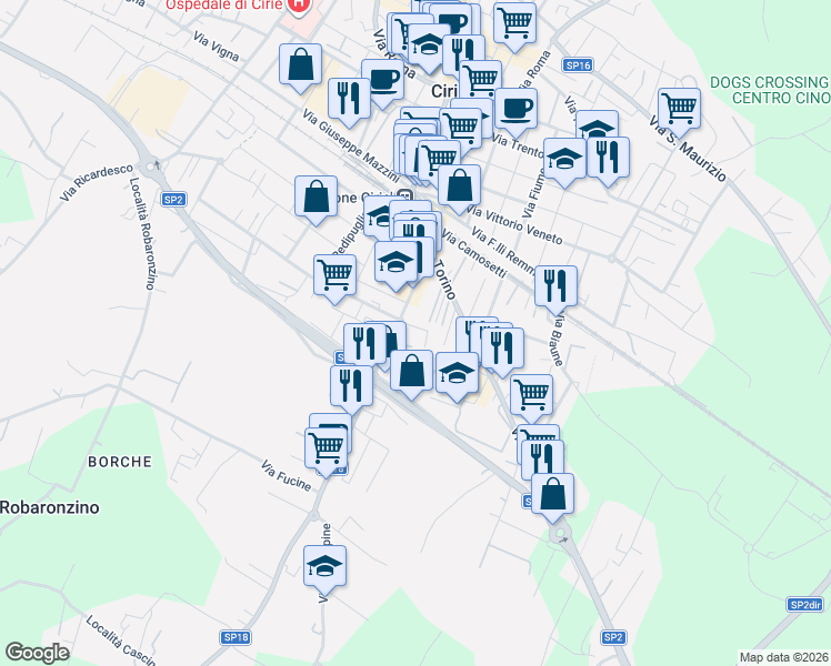 map of restaurants, bars, coffee shops, grocery stores, and more near 14-15 Via Giosuè Carducci in Ciriè