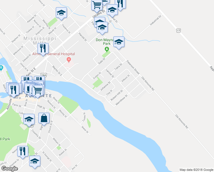 map of restaurants, bars, coffee shops, grocery stores, and more near 16 Johanna Street in Mississippi Mills