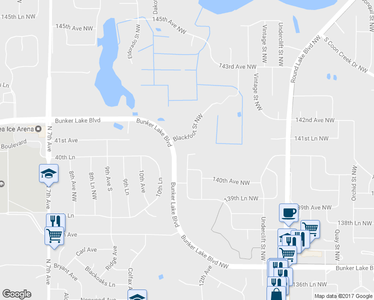 map of restaurants, bars, coffee shops, grocery stores, and more near 14076 Aztec Street Northwest in Andover