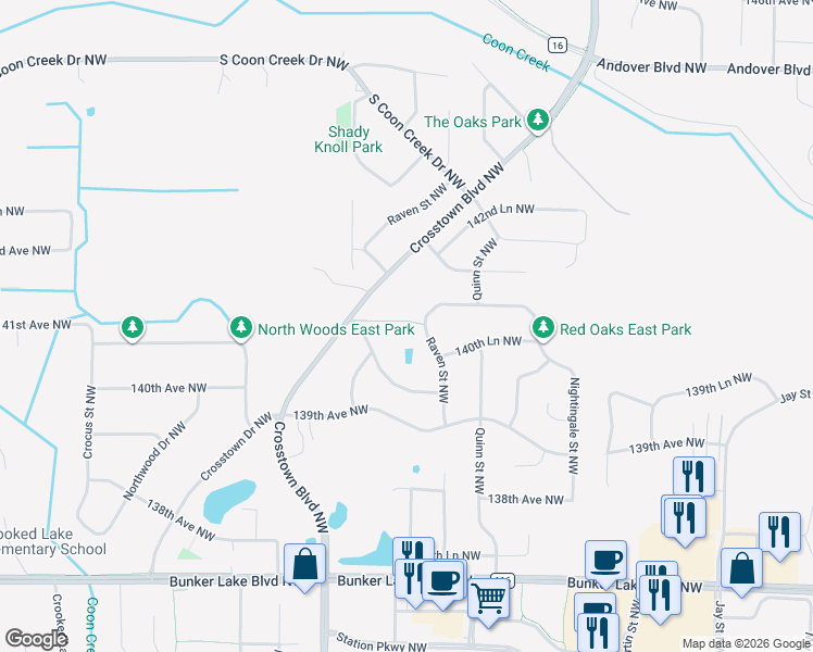 map of restaurants, bars, coffee shops, grocery stores, and more near 14058 Raven Street Northwest in Andover