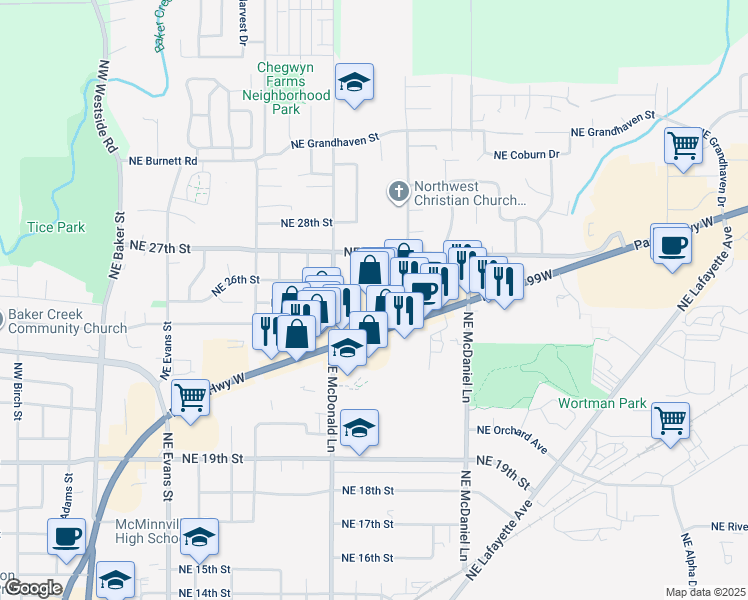 map of restaurants, bars, coffee shops, grocery stores, and more near 1271 Highway 99W in McMinnville