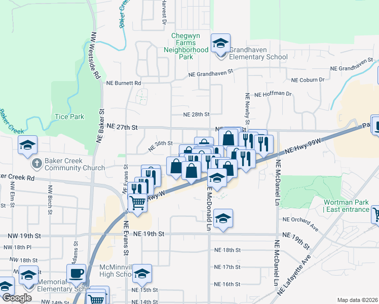 map of restaurants, bars, coffee shops, grocery stores, and more near 911 Northeast 25th Street in McMinnville