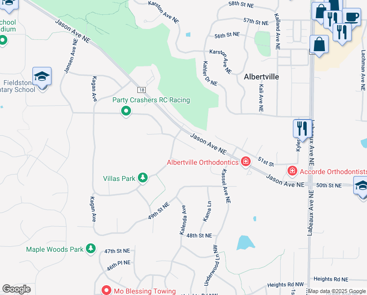 map of restaurants, bars, coffee shops, grocery stores, and more near 10571 51st Street in Albertville
