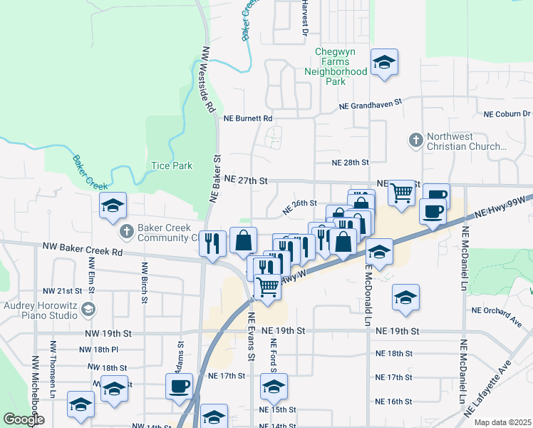 map of restaurants, bars, coffee shops, grocery stores, and more near 602 Northeast 26th Street in McMinnville