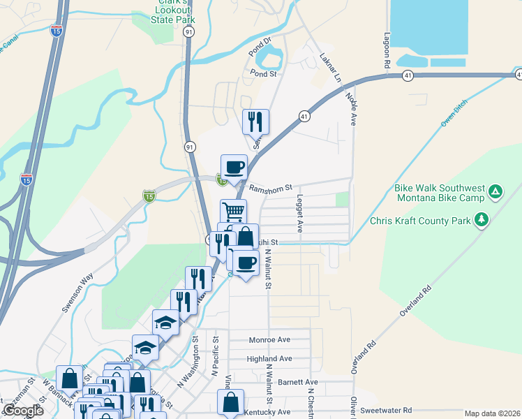 map of restaurants, bars, coffee shops, grocery stores, and more near 199 Tobacco Root Road in Dillon