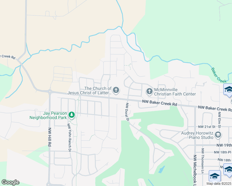 map of restaurants, bars, coffee shops, grocery stores, and more near 1645 Northwest Baker Creek Road in McMinnville
