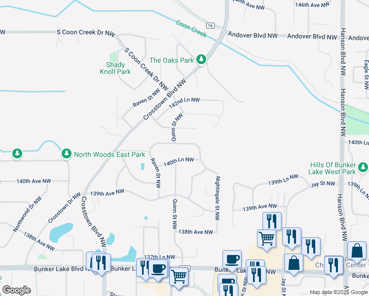 map of restaurants, bars, coffee shops, grocery stores, and more near 2111 140th Lane Northwest in Andover