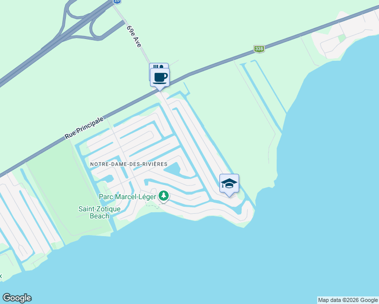 map of restaurants, bars, coffee shops, grocery stores, and more near 153 70e Av in Saint-Zotique