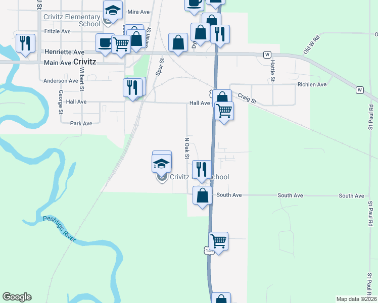 map of restaurants, bars, coffee shops, grocery stores, and more near 210 North Oak Street in Crivitz