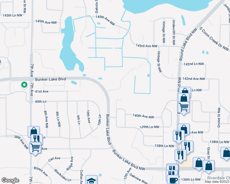 map of restaurants, bars, coffee shops, grocery stores, and more near 14076 Aztec Street Northwest in Andover