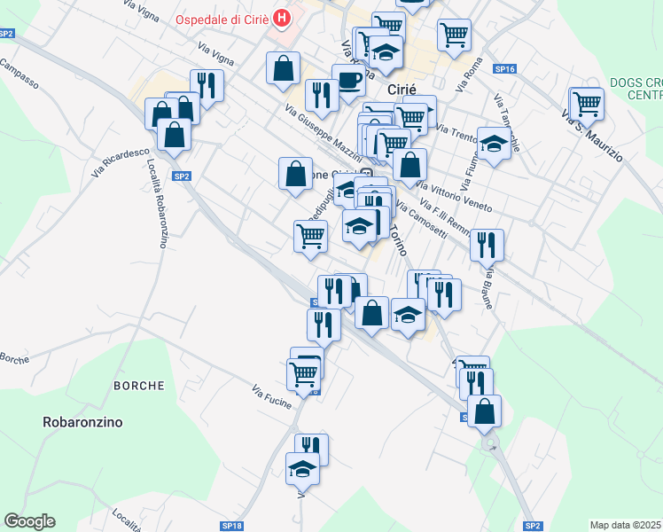 map of restaurants, bars, coffee shops, grocery stores, and more near Via Maria Montessori in Ciriè