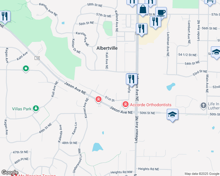 map of restaurants, bars, coffee shops, grocery stores, and more near 5234 Kali Court in Albertville