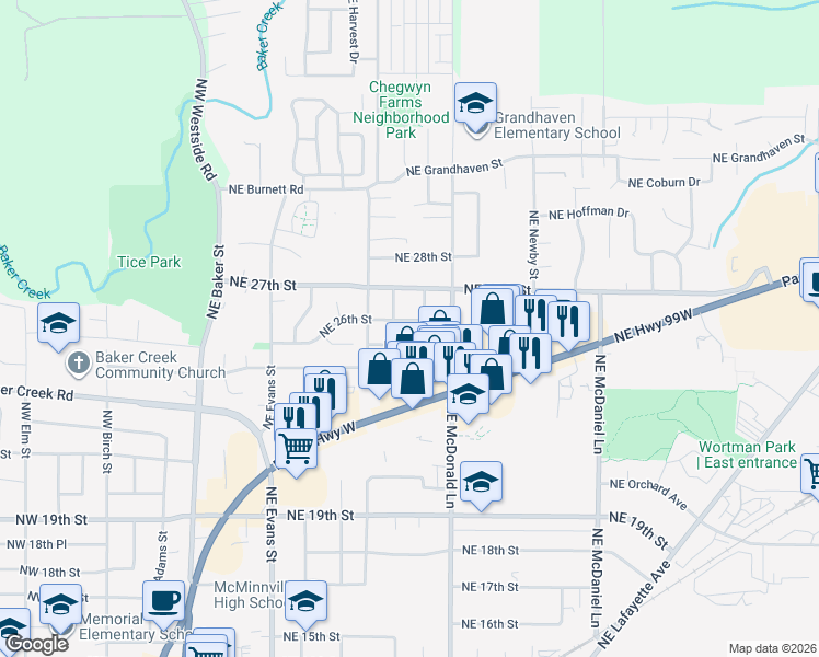 map of restaurants, bars, coffee shops, grocery stores, and more near 911 Northeast 25th Street in McMinnville