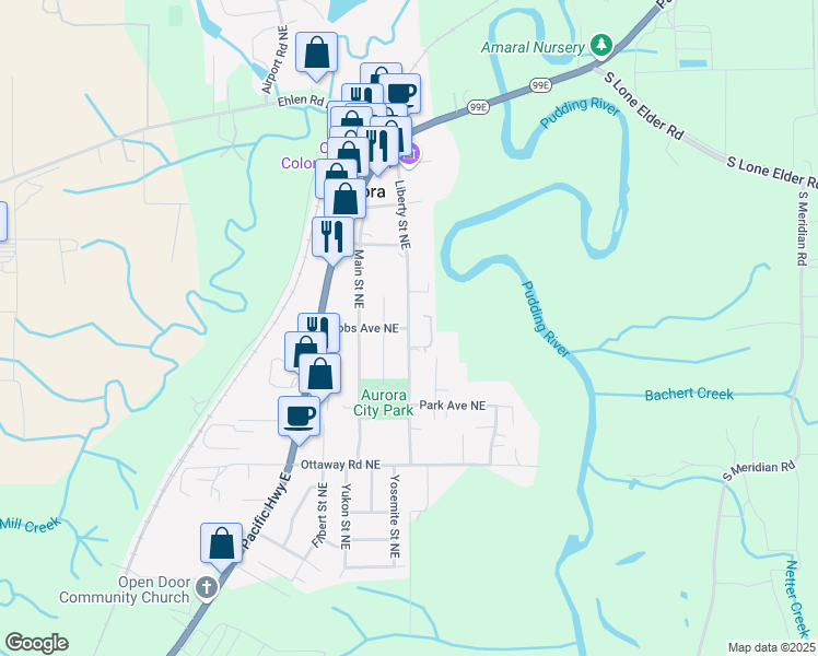 map of restaurants, bars, coffee shops, grocery stores, and more near Liberty Street Northeast in Aurora