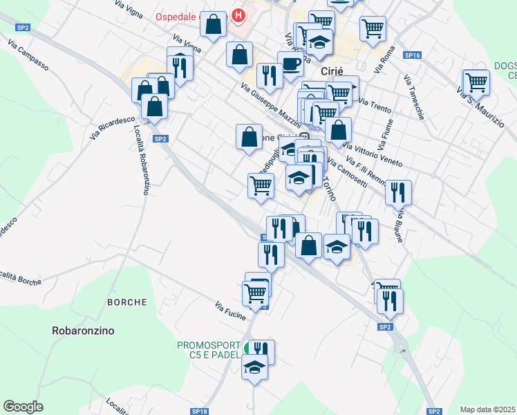 map of restaurants, bars, coffee shops, grocery stores, and more near 24 Via della Repubblica in Ciriè