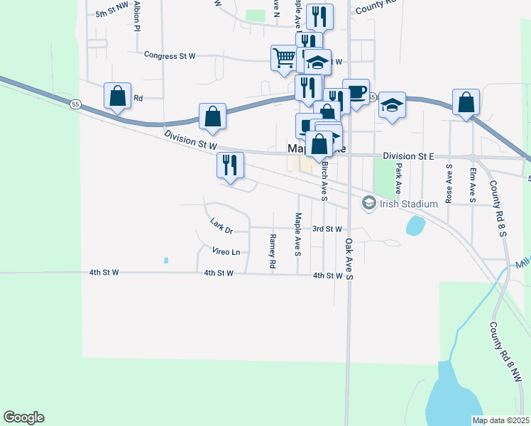 map of restaurants, bars, coffee shops, grocery stores, and more near 300 Ramey Road in Maple Lake