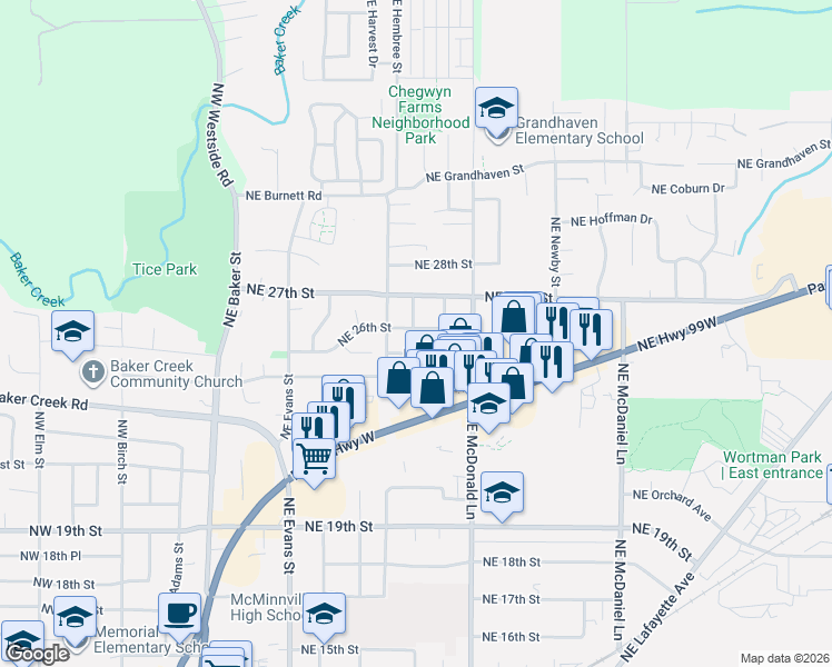 map of restaurants, bars, coffee shops, grocery stores, and more near 914 Northeast 26th Street in McMinnville