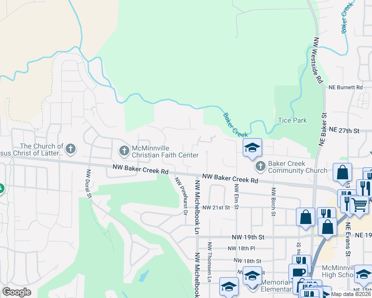map of restaurants, bars, coffee shops, grocery stores, and more near 2480 Northwest Alice Kelley Court in McMinnville