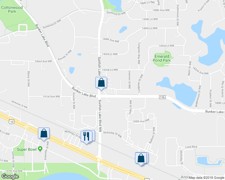 map of restaurants, bars, coffee shops, grocery stores, and more near 14170 Xenon Street Northwest in Ramsey