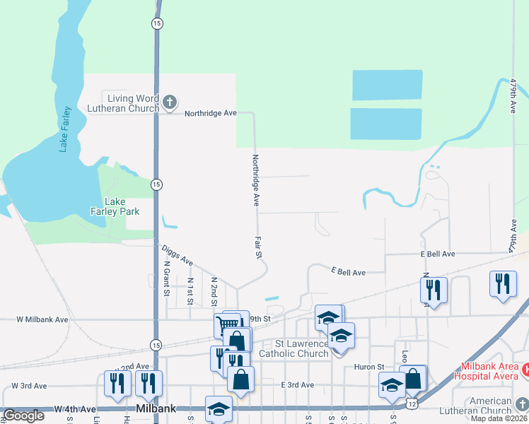 map of restaurants, bars, coffee shops, grocery stores, and more near 498 Fair St in Milbank