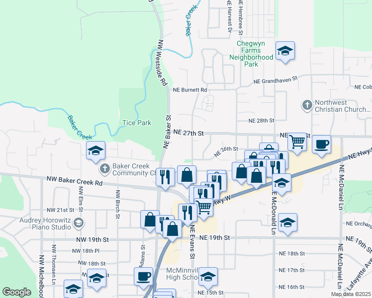 map of restaurants, bars, coffee shops, grocery stores, and more near 2501 Northeast Evans Street in McMinnville
