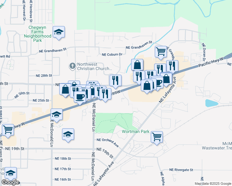 map of restaurants, bars, coffee shops, grocery stores, and more near in McMinnville