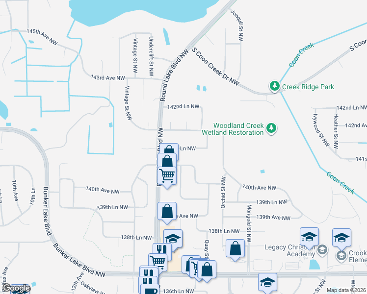 map of restaurants, bars, coffee shops, grocery stores, and more near 3522 142nd Avenue Northwest in Andover