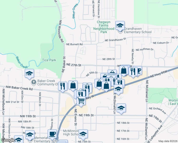 map of restaurants, bars, coffee shops, grocery stores, and more near 2640 Northeast Galloway Court in McMinnville