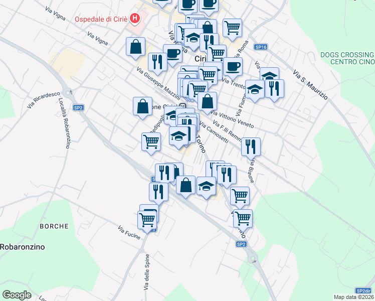 map of restaurants, bars, coffee shops, grocery stores, and more near 26 Via Giacomo Leopardi in Ciriè