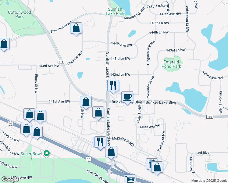 map of restaurants, bars, coffee shops, grocery stores, and more near 14190 Xenon Street Northwest in Ramsey
