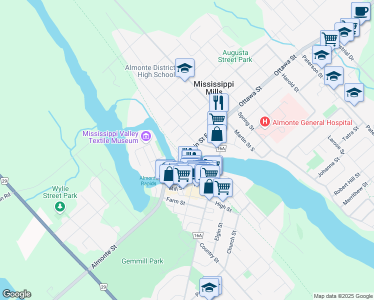map of restaurants, bars, coffee shops, grocery stores, and more near 38 Main Street East in Mississippi Mills