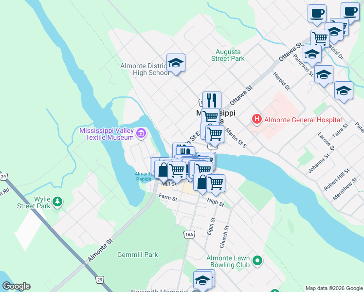 map of restaurants, bars, coffee shops, grocery stores, and more near 4 Union Street North in Mississippi Mills
