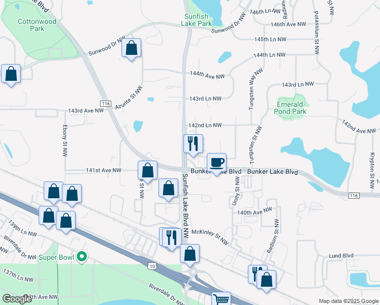 map of restaurants, bars, coffee shops, grocery stores, and more near 14190 Xenon Street Northwest in Anoka