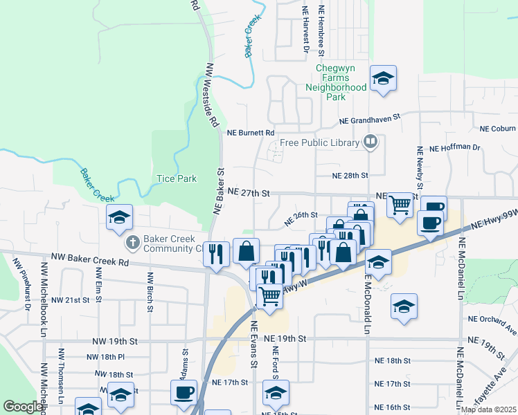 map of restaurants, bars, coffee shops, grocery stores, and more near 535 Northeast 26th Court in McMinnville