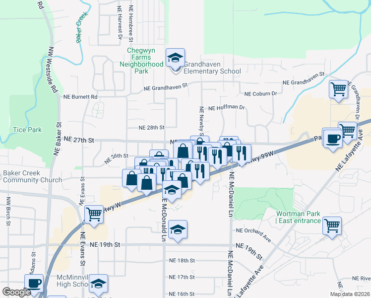 map of restaurants, bars, coffee shops, grocery stores, and more near 1254 Northeast 27th Street in McMinnville