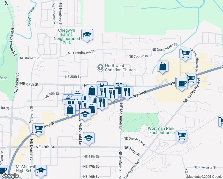 map of restaurants, bars, coffee shops, grocery stores, and more near 1500 Northeast 27th Street in McMinnville