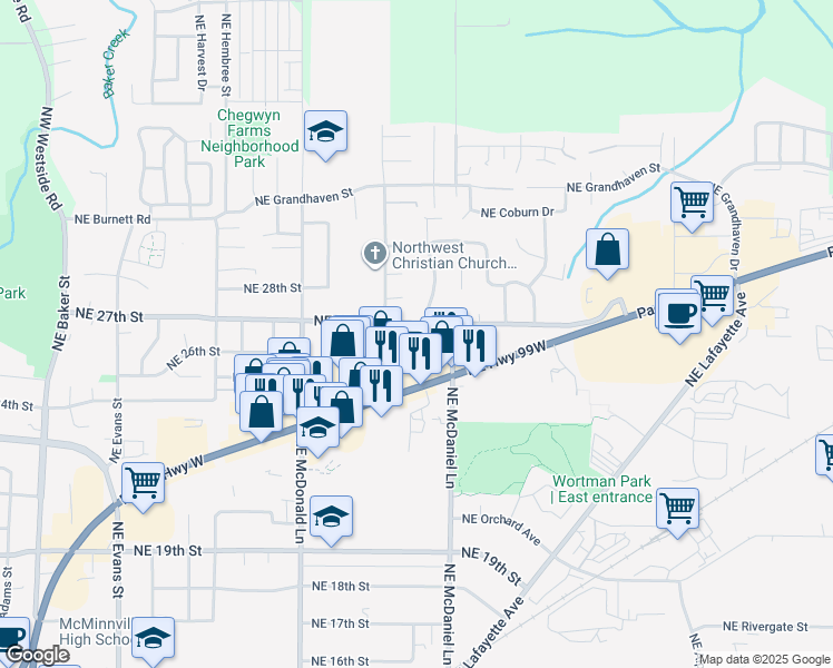 map of restaurants, bars, coffee shops, grocery stores, and more near 1500 Northeast 27th Street in McMinnville