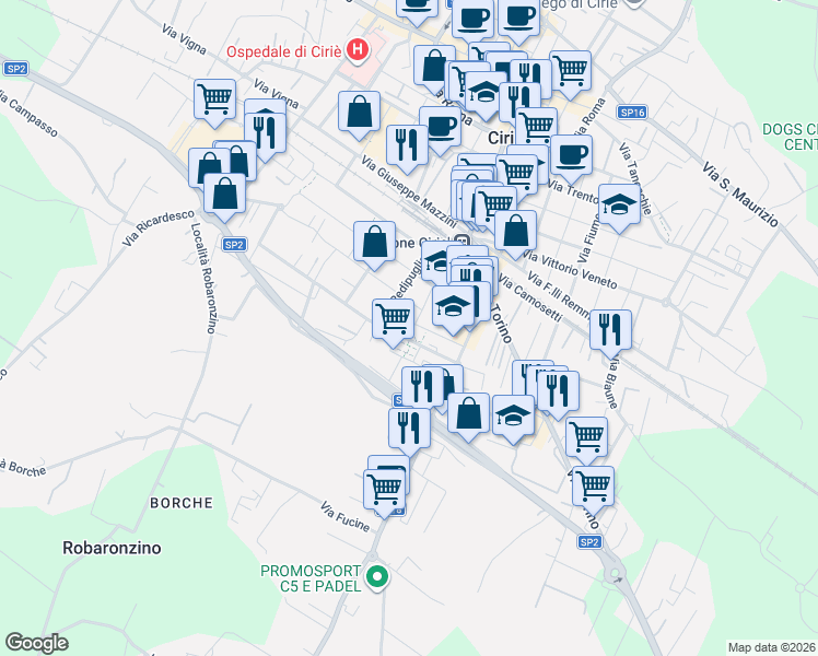 map of restaurants, bars, coffee shops, grocery stores, and more near 10 Via della Repubblica in Ciriè