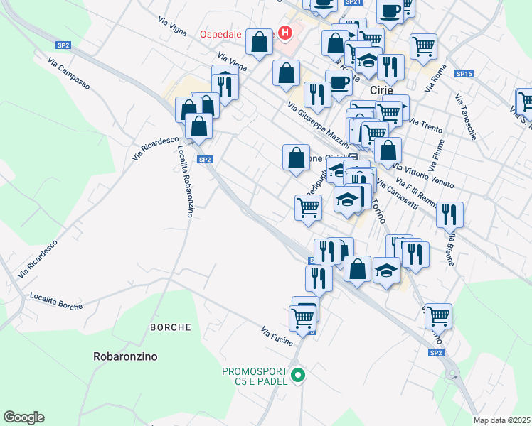 map of restaurants, bars, coffee shops, grocery stores, and more near 20 Via Fratelli Cervi in Ciriè