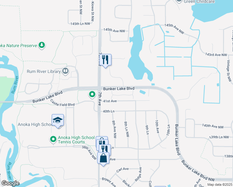 map of restaurants, bars, coffee shops, grocery stores, and more near Bunker Lake Boulevard in Andover