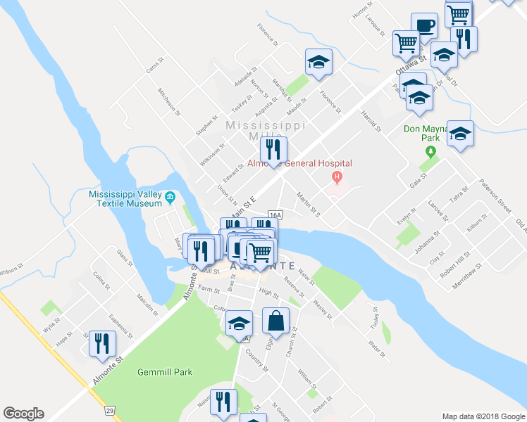 map of restaurants, bars, coffee shops, grocery stores, and more near 31 Union Street South in Mississippi Mills