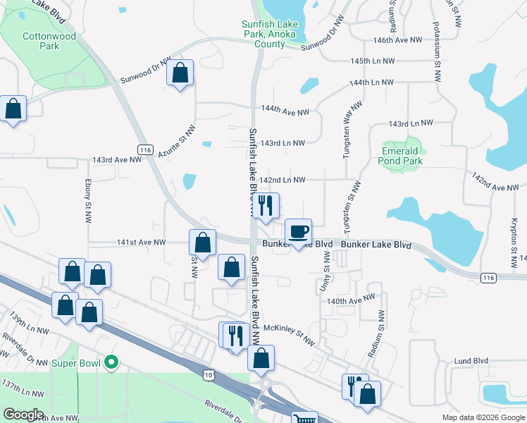 map of restaurants, bars, coffee shops, grocery stores, and more near 14200 Xenon Street Northwest in Ramsey