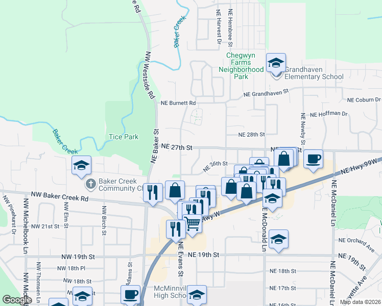 map of restaurants, bars, coffee shops, grocery stores, and more near 535 Northeast 26th Court in McMinnville