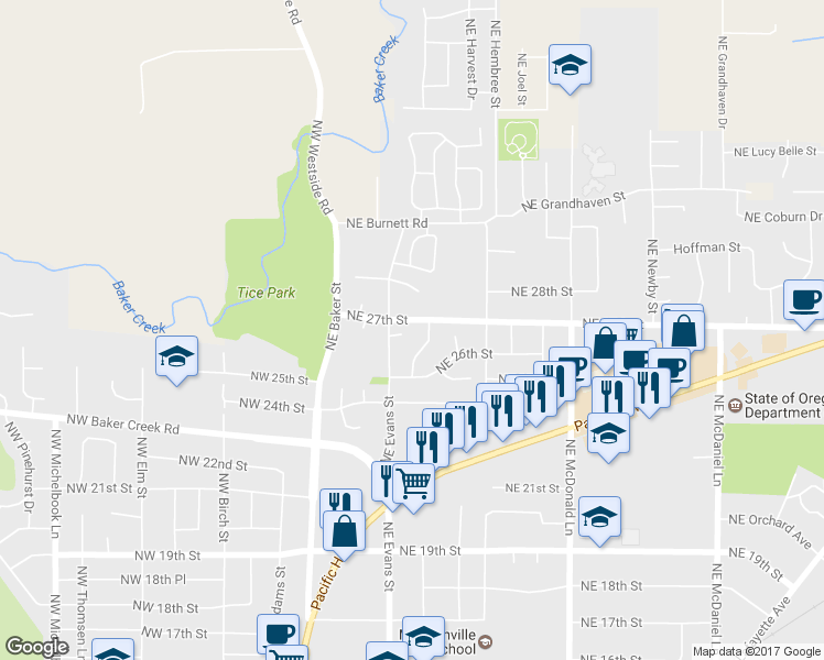map of restaurants, bars, coffee shops, grocery stores, and more near 535 Northeast 26th Court in McMinnville