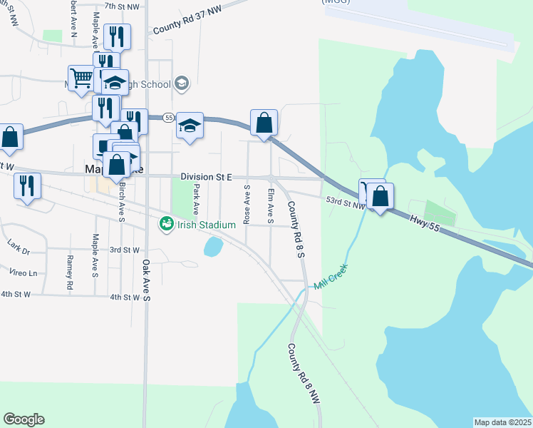 map of restaurants, bars, coffee shops, grocery stores, and more near 40 Elm Avenue North in Maple Lake
