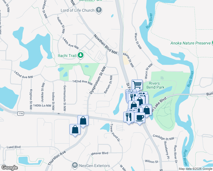 map of restaurants, bars, coffee shops, grocery stores, and more near 14168 Barium Street Northwest in Ramsey