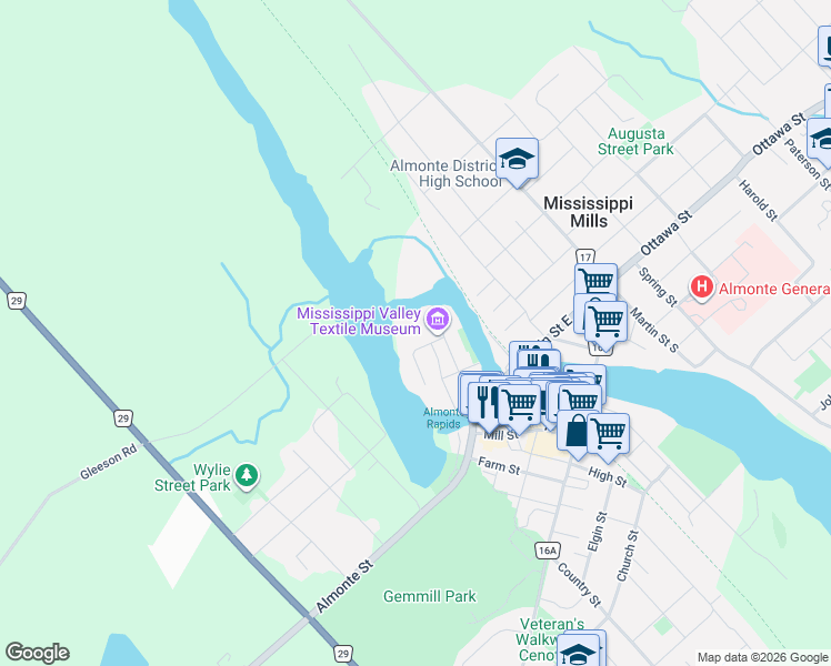 map of restaurants, bars, coffee shops, grocery stores, and more near 1 Rosamond Street East in Mississippi Mills