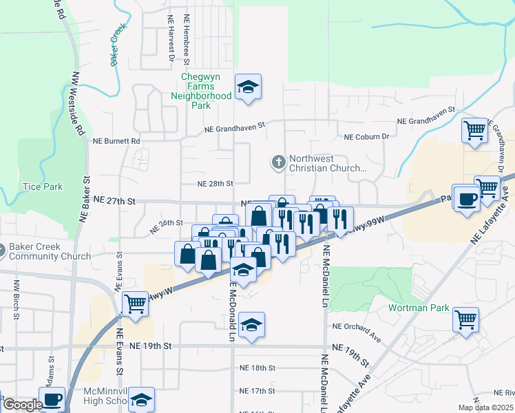 map of restaurants, bars, coffee shops, grocery stores, and more near 1228 Northeast 27th Street in McMinnville