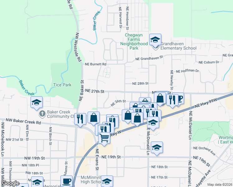 map of restaurants, bars, coffee shops, grocery stores, and more near 2640 Northeast Galloway Court in McMinnville